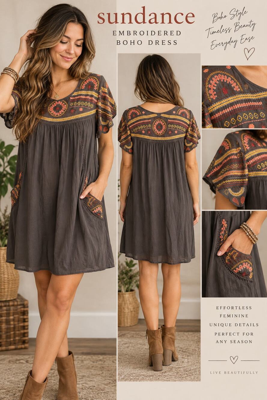 Sundance Embroidered Boho Dress L Charcoal Peasant Tunic